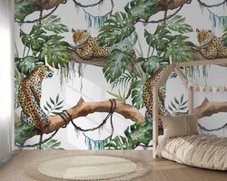 Behang jungle luipaard wit