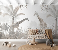 Behang jungle getekend giraffen 