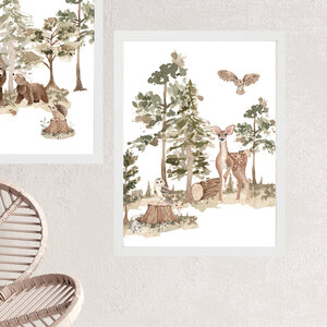 Poster aquarel hert en uil in het bos-Kinderkamer