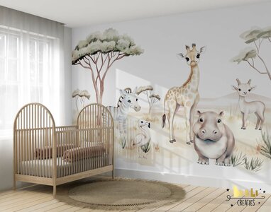 Behang Safari aquarel giraf en dieren