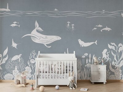 Behang onderwaterwereld monochroom blauw