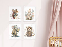 Poster set van 4 bunny, eekhoorn, olifant en uil