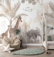 behang jungle aquarel giraffen en olifant